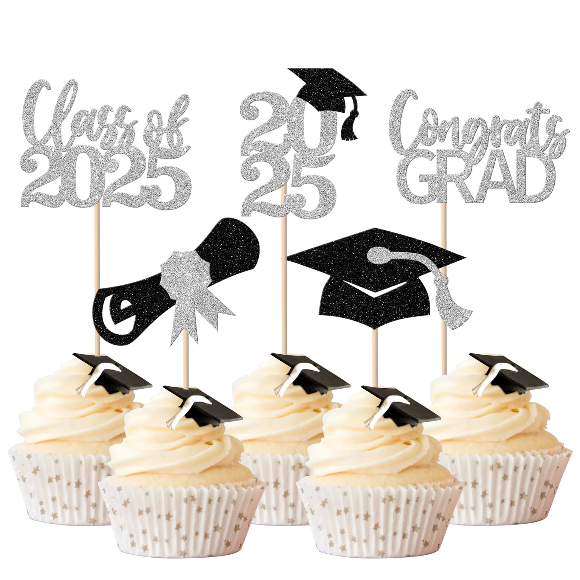 YCTHUNFISH 30 Pack Graduation Cupcake Toppers Silver Glitter Class of 2025 Decorations for Senior Party Supplies