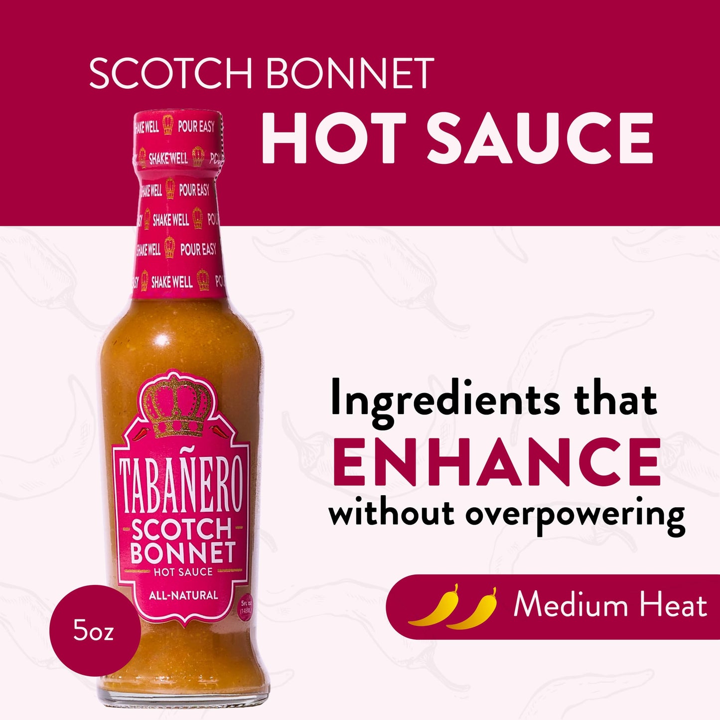 Tabanero Hot Sauce - Scotch Bonnet Pepper, All-Natural, Gluten-Free, Vegan, Kosher, 5 oz Bottle