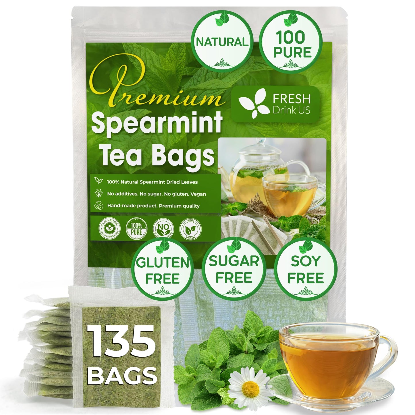 FRESHDRINKUS Spearmint Tea Bags - 100% Natural Herbal Tea, Caffeine-Free, Vegan, 135 Count
