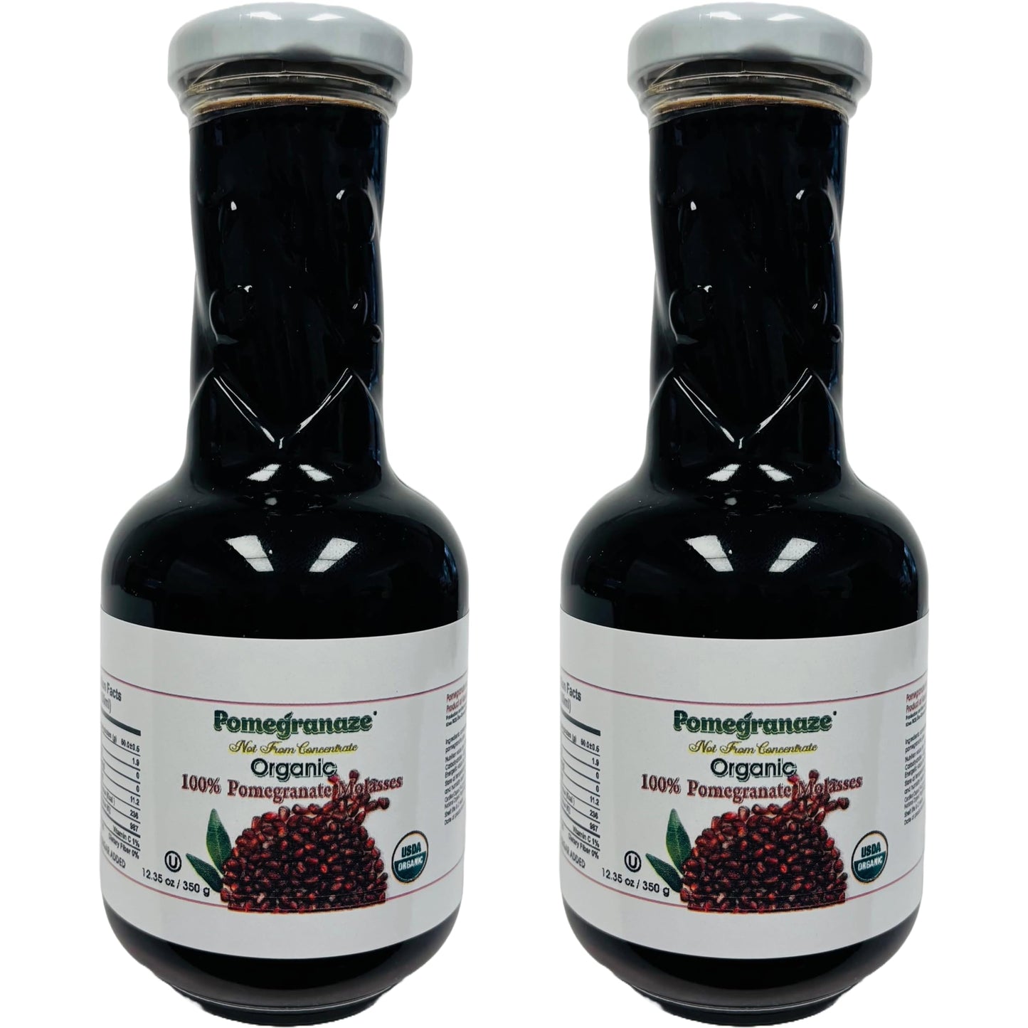 100% Organic Pomegranate Molasses 12.35 Oz Glass Bottle,(2 Pack) No Sugar Added, Vegan, NON GMO, Gluten Free and Kosher