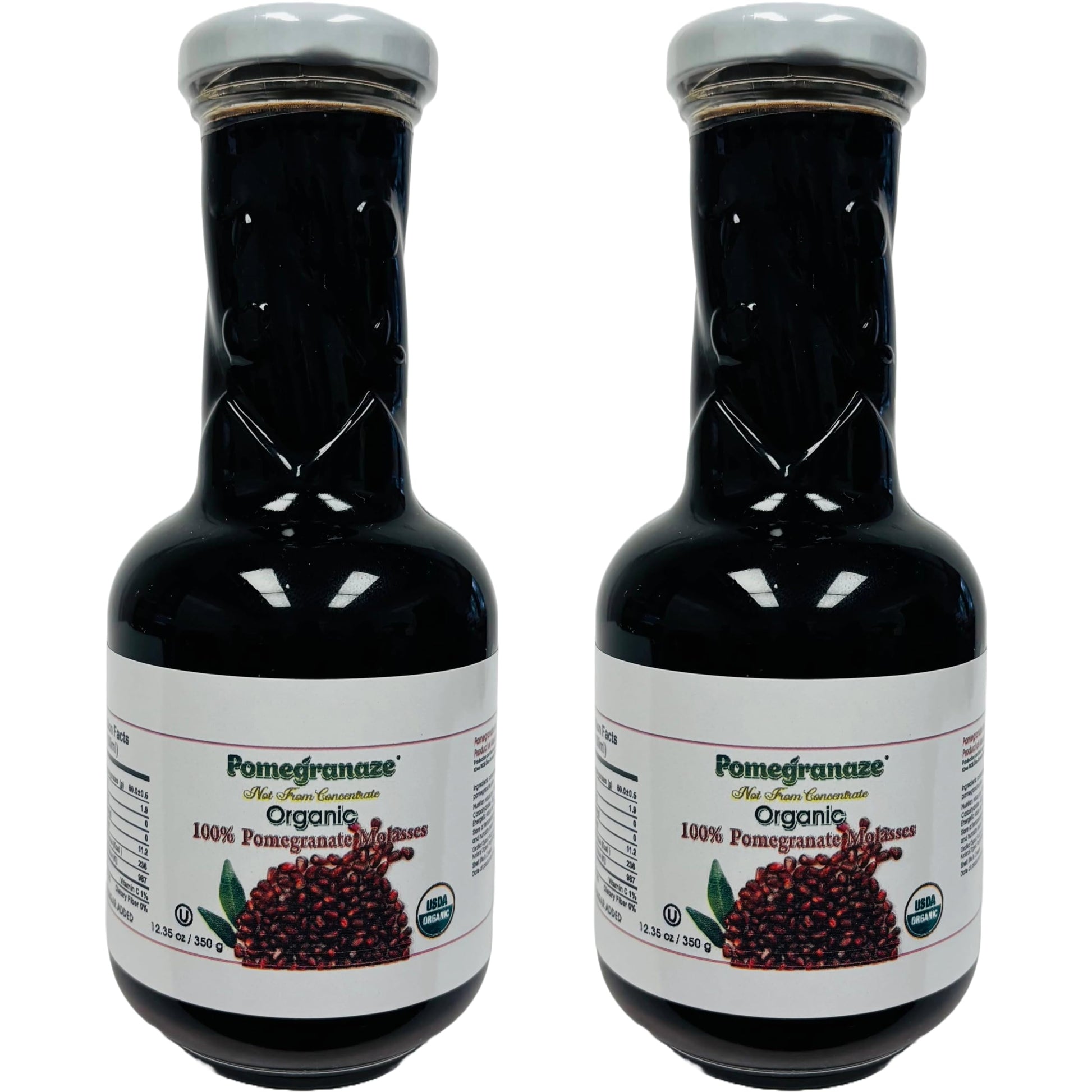 100% Organic Pomegranate Molasses 12.35 Oz Glass Bottle,(2 Pack) No Sugar Added, Vegan, NON GMO, Gluten Free and Kosher