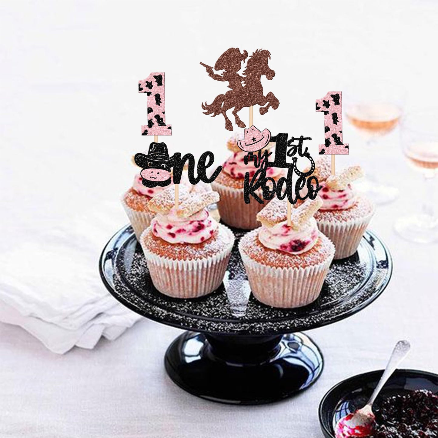 24 Pcs Cowboy 1St Birthday Cupcake Toppers Glitter Hat Cowboy One My 1St Rodeo Cupcake Picks First Birthday Cow One Cake Decorat