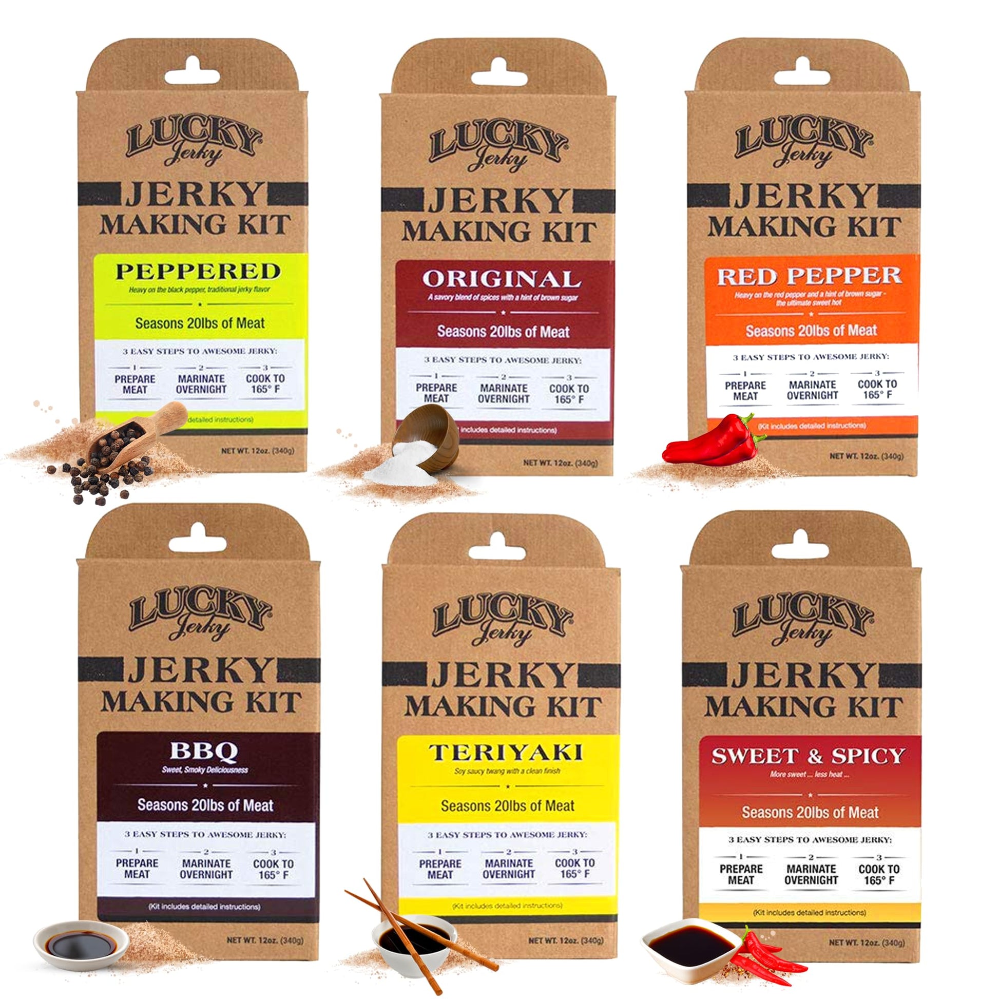 Lucky Beef Jerky DIY Jerky Seasoning and Cure Kits - Variety Pack with Six Flavors | Make Your Own with Sweet and Spicy  Peppered  Red Pepper  Teriyaki  BBQ  and Original- Season 120lbs of Meat
