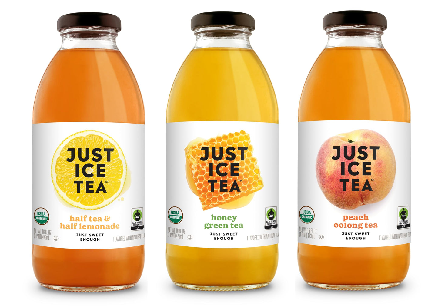 Just Ice Tea Organic Iced Tea, 3 Flavor Variety, 16 Fl Oz Glass Bottles (Pack of 12)