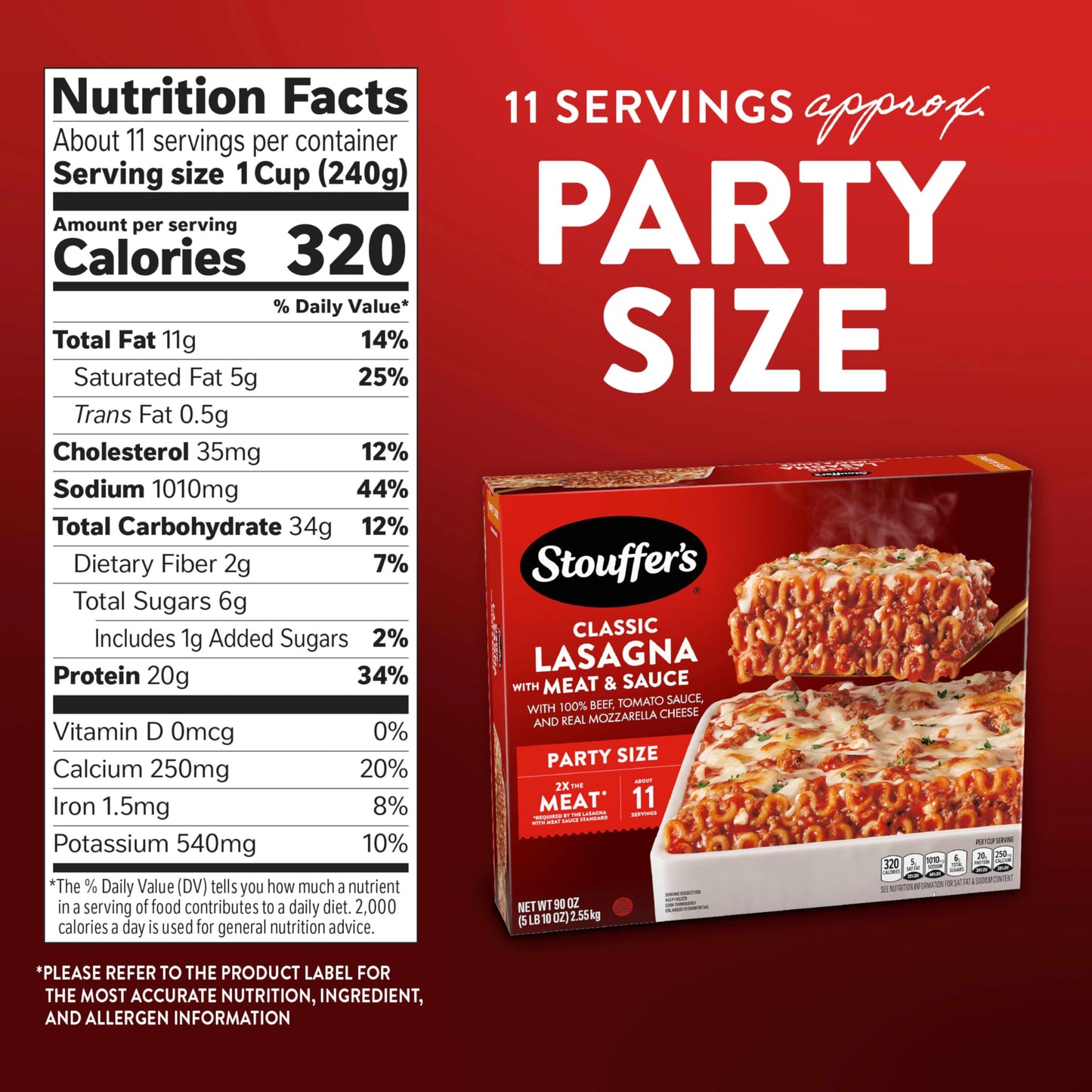 Stouffers Classic Lasagna With Meat & Sauce, Party Size Lasagna, Frozen Dinners 90 oz