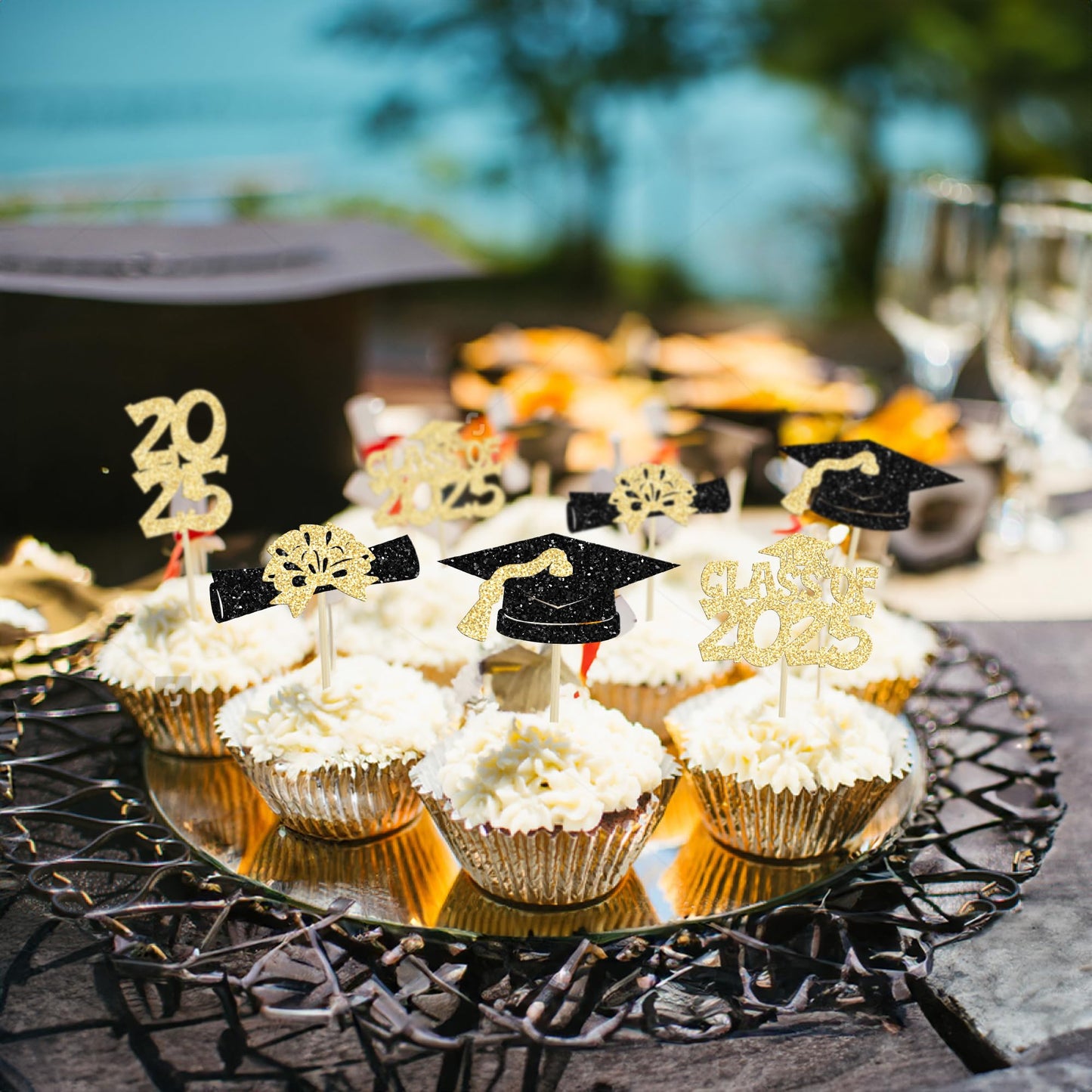 Ephlyn Graduation Cupcake Toppers, 36Pcs Gold Glitter Class of 2025, Congrats Grad Picks for Cake Decorations