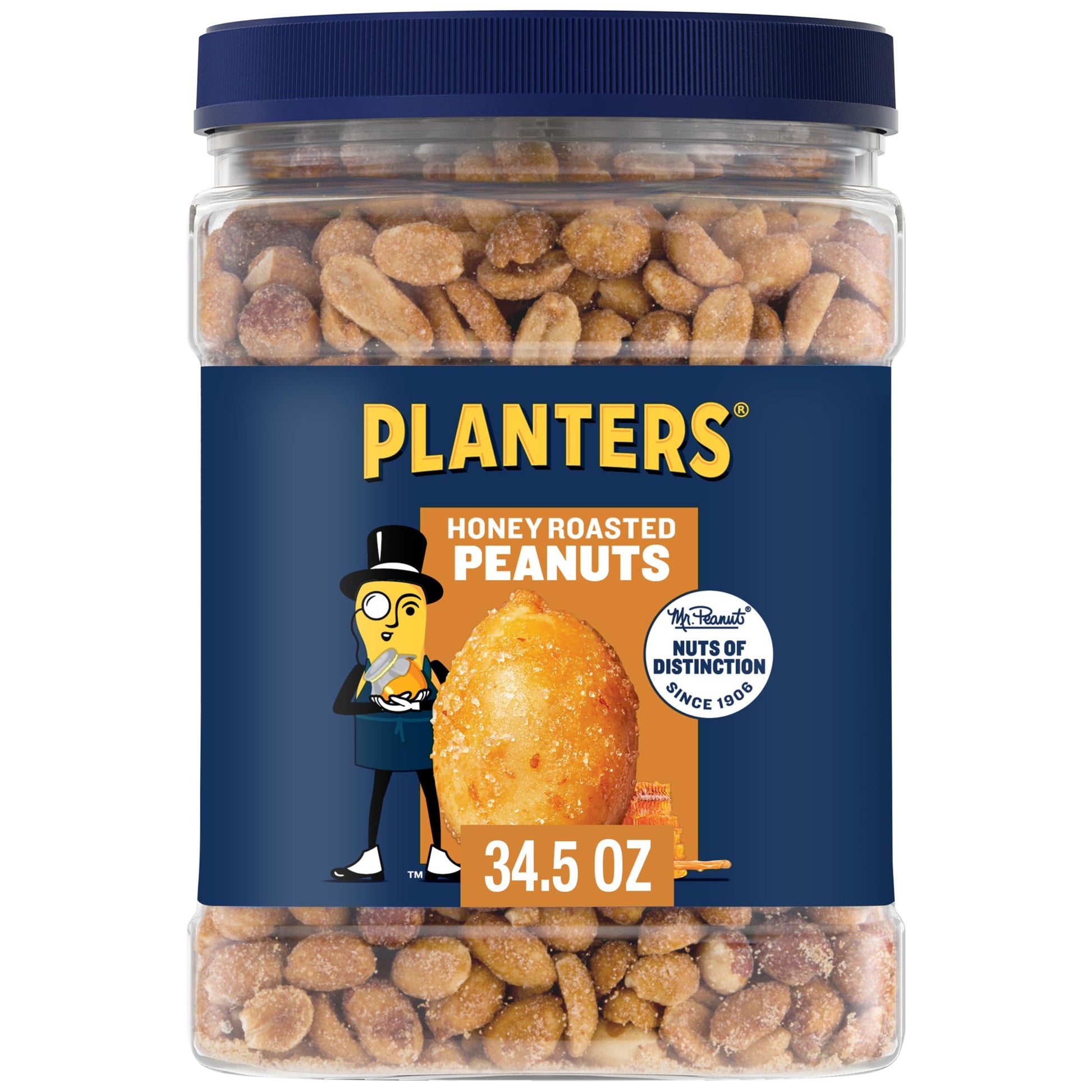 Planters Honey Roasted Peanuts, Sweet & Salty Snacks, Plant-Based Protein, 34.5oz Jar