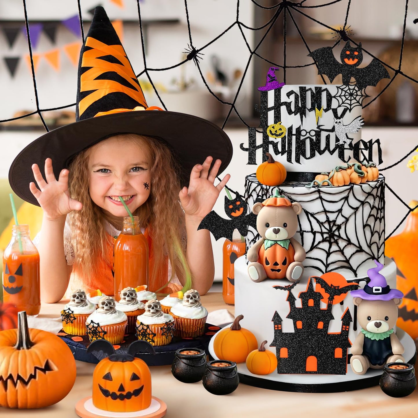 9 PCS Halloween Cake Topper Witch Bear Cake Topper Pumpkin Bat Cake Decorations with Happy Halloween Cake Decorations for Scary Party Supplies
