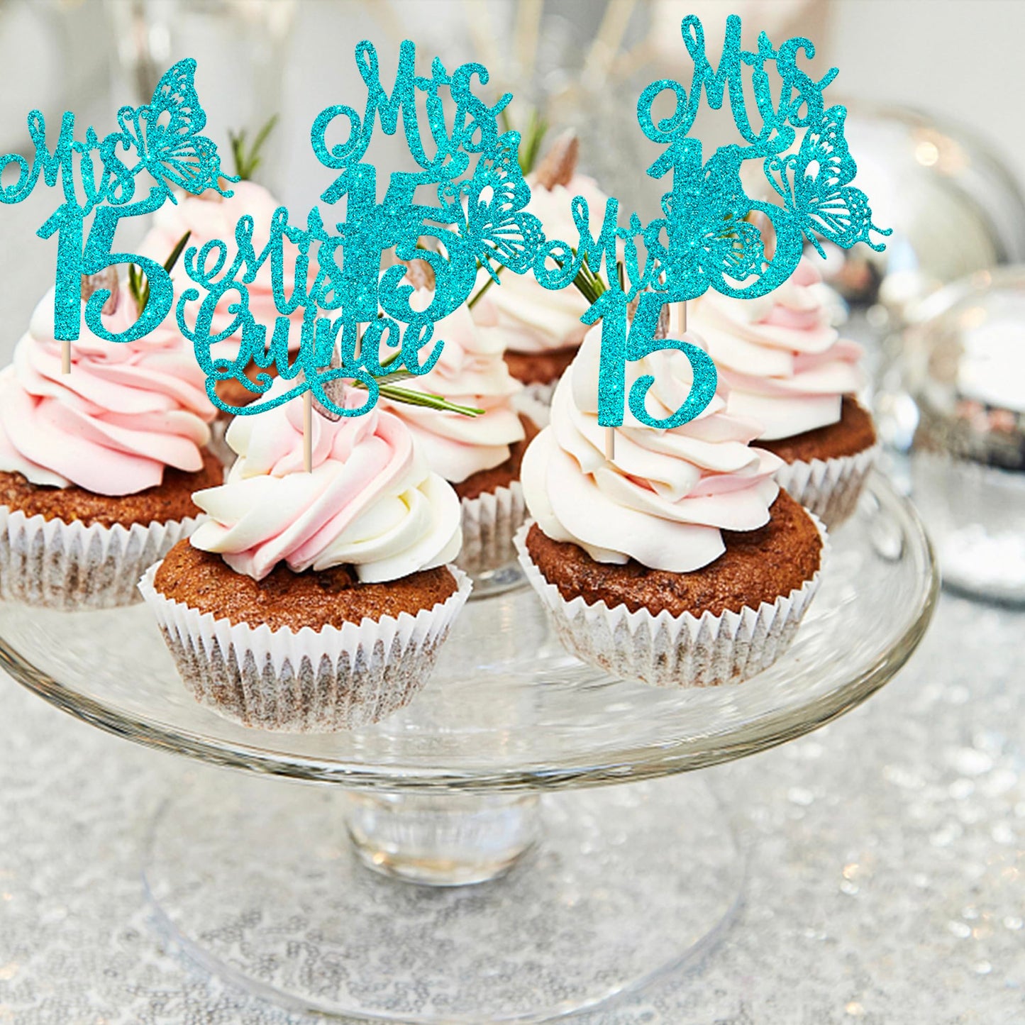 Rssta i Cupcake Toppers 24 Pack Glitter Picks for 15th Birthday Party Decorations - Blue Design