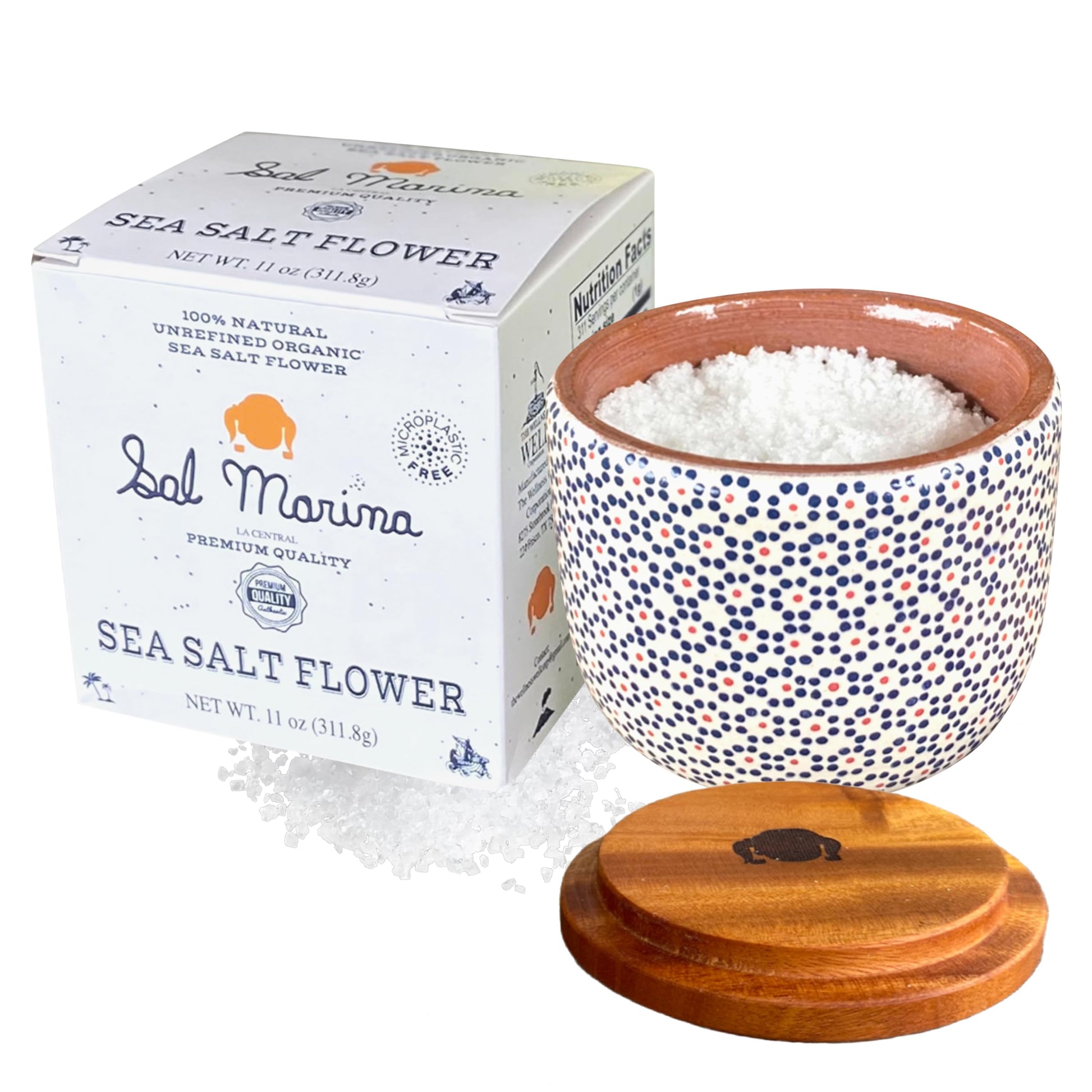 SAL MARINA Sea Salt Flower - Unrefined Kosher Salt, 11oz Container, 100% Natural, Vegan, Gluten Free, Organic Seasoning