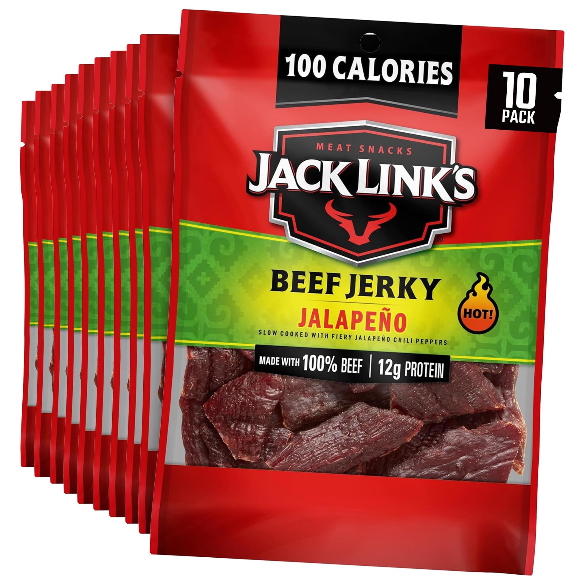 Jack Links Beef Jerky, Jalapeno, Spicy Meat Snack, 12g Protein, 1.25 oz (Pack of 10)