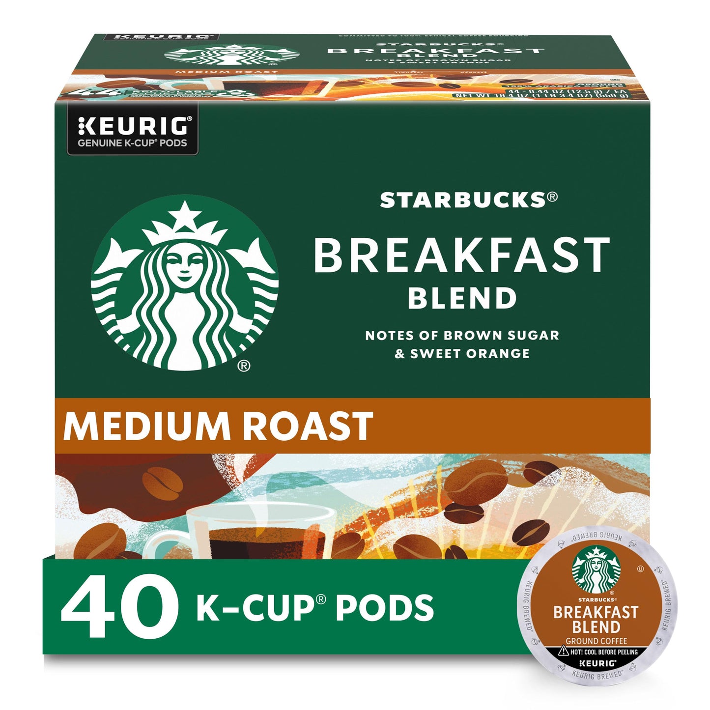 Starbucks K-Cup Coffee Pods, Medium Roast, Breakfast Blend, 40 Count, 100% Arabica