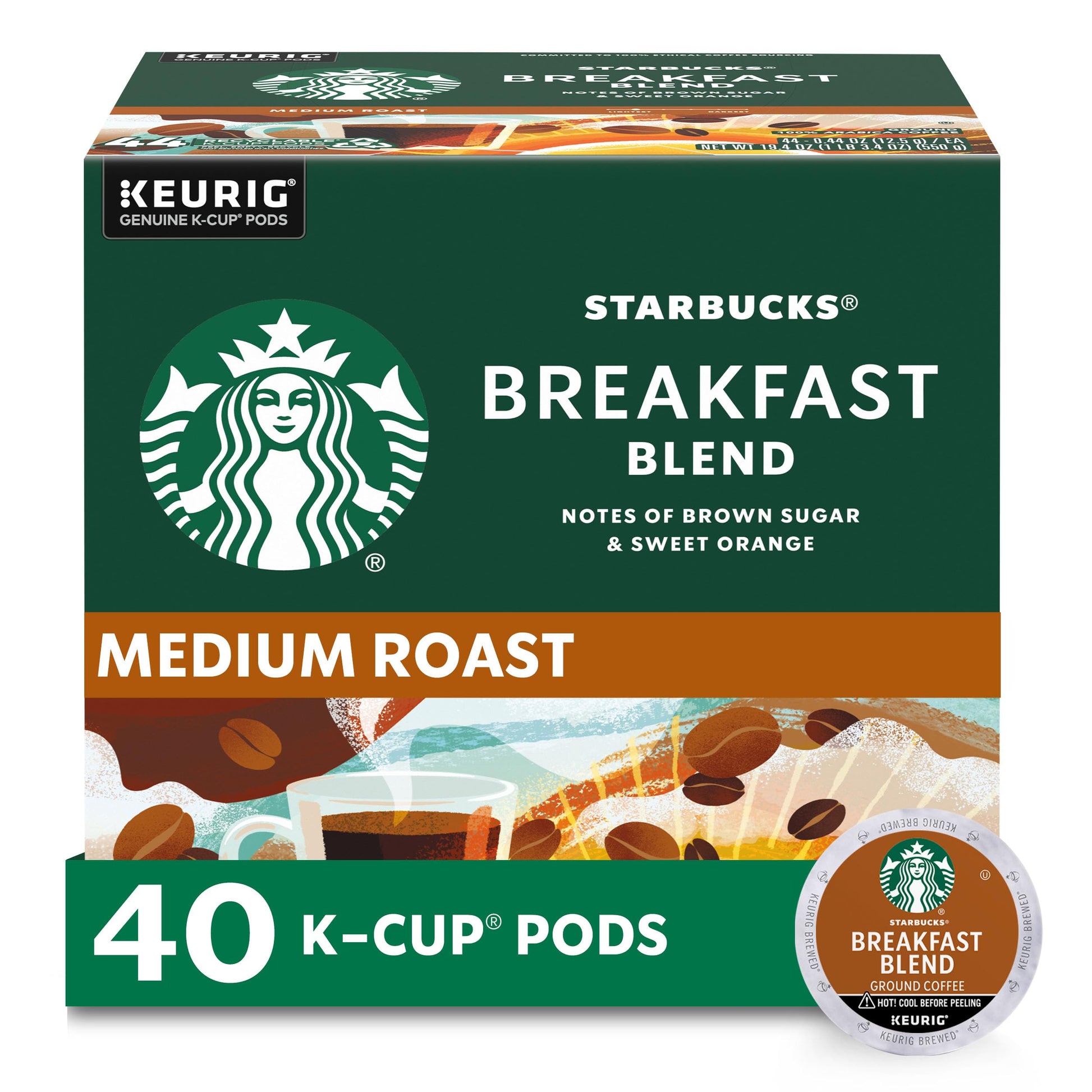 Starbucks K-Cup Coffee Pods, Medium Roast, Breakfast Blend, 40 Count, 100% Arabica