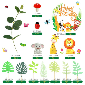 19Pcs Safari Jungle Wild Animals Cake Toppers Mushroom Cake Toppers Spring Insect Cake Toppers With Animal Toys Happy Birthday T