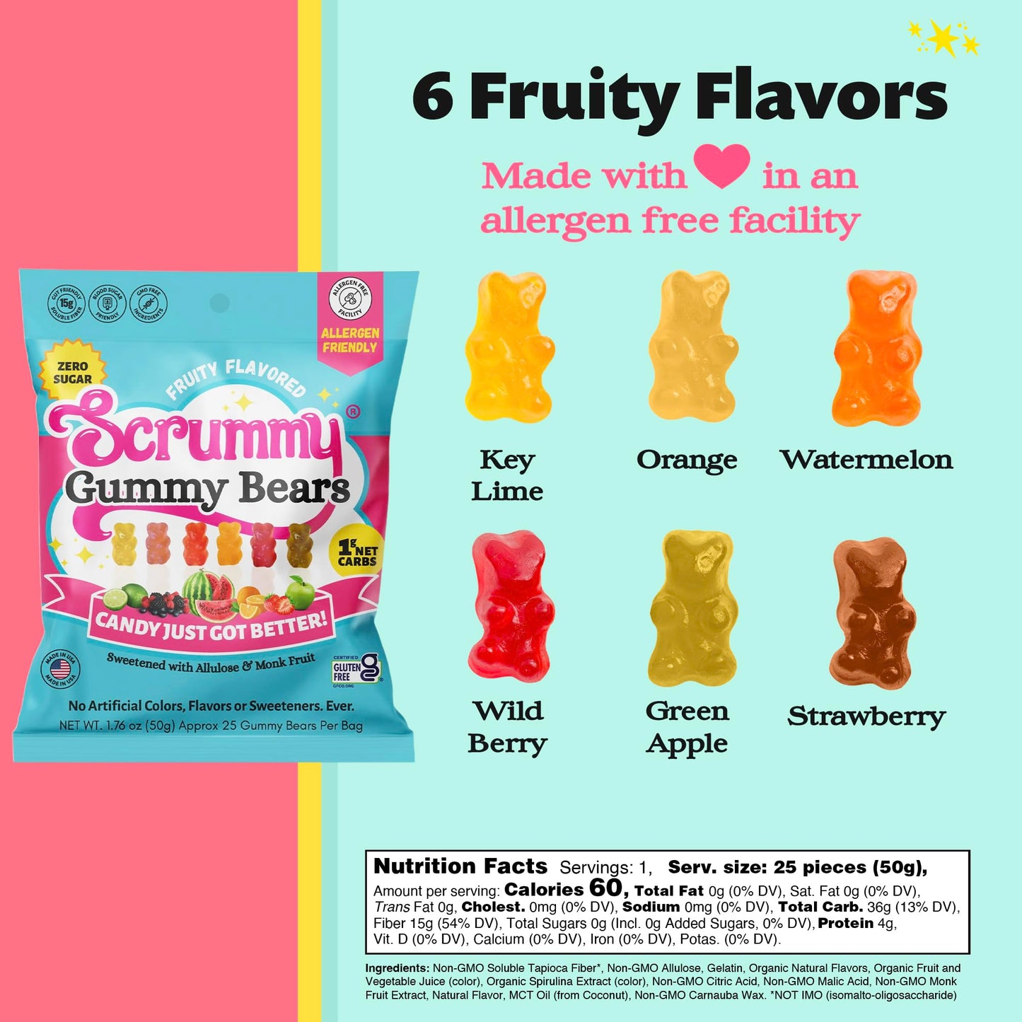 Scspirit-inspired flavormy Sugar Free Gummy Bears - 8 Bags, 1.8 Oz Each, Gluten-Free, Keto-Friendly, No Artificial Colors or Flavors