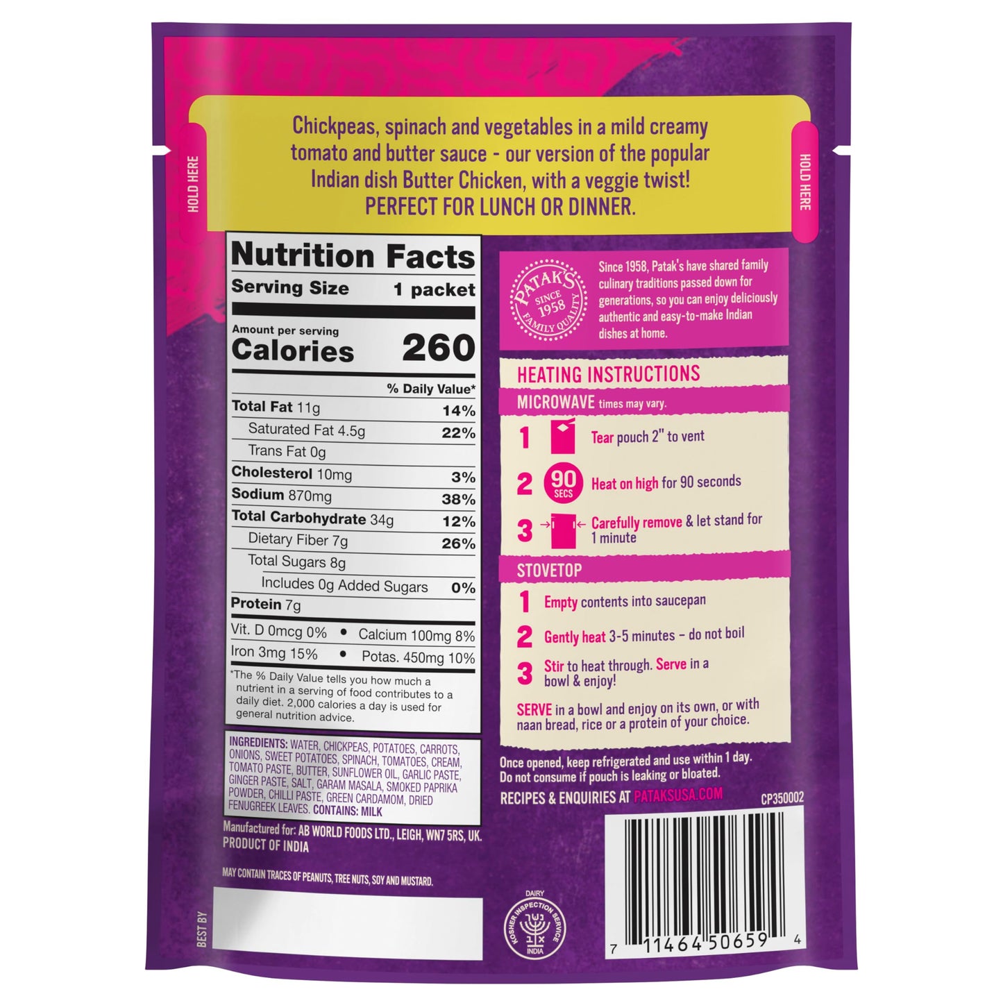 Patak'S Butter Chickpeas & Veggies, 10.05 Oz (Pack Of 1) Mild Curry With Chickpeas, Spinach, Carrots, Ready To Heat Vegetarian M