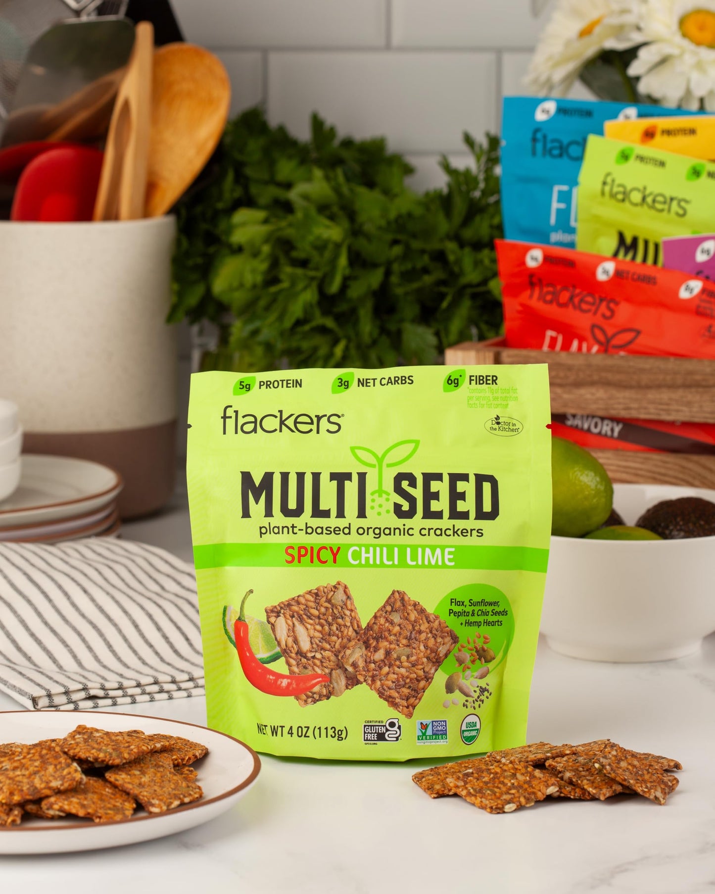 Flackers Organic Spicy Chili Lime Multi-Seed Crackers, 4 Ounce 6-Pack, Gluten Free, Non Gmo, Vegan, Keto Snack, 5G Protein, 6G F