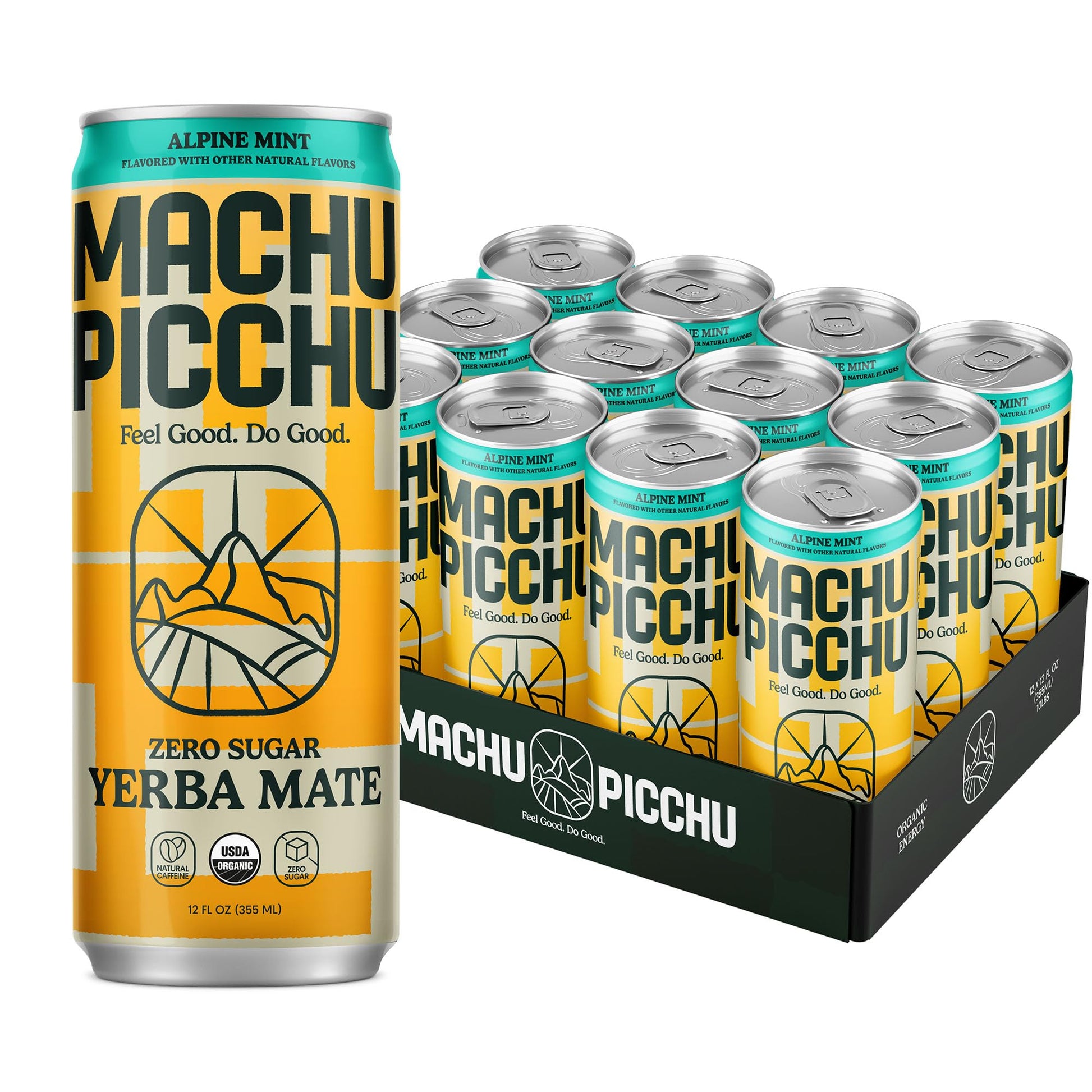 MACHU PICCHU Energy Drink, Non-Carbonated Yerba Mate, Zero Sugar, 12oz, 120mg Caffeine, USDA Organic, Alpine Mint, Pack of 12