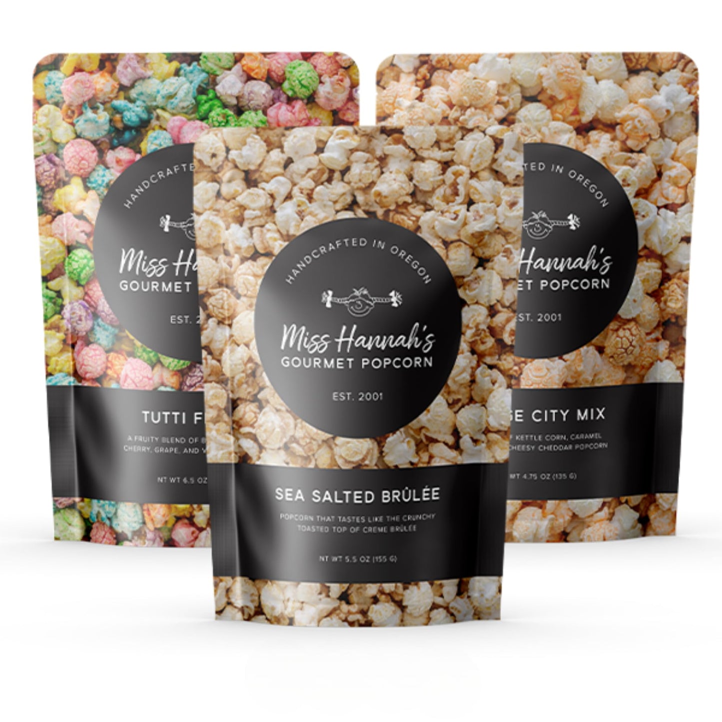Miss Hannahs Gourmet Popcorn Party Pack - Bridge City Mix, Tutti Frutti, & Sea Salted Brulee - Non-GMO, Sweet & Savory Snack Bo