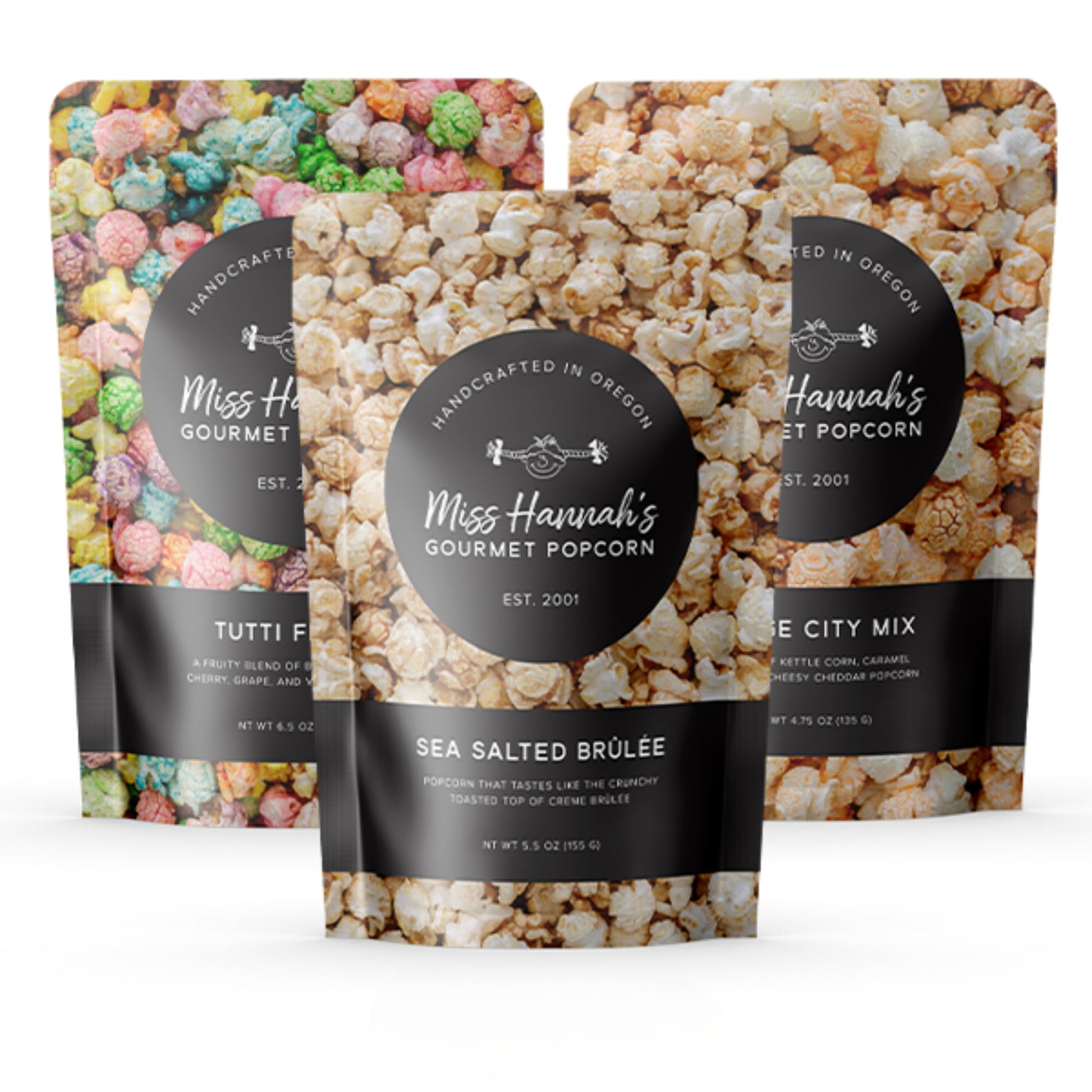 Miss Hannahs Gourmet Popcorn Party Pack - Bridge City Mix, Tutti Frutti, & Sea Salted Brulee - Non-GMO, Sweet & Savory Snack Bo