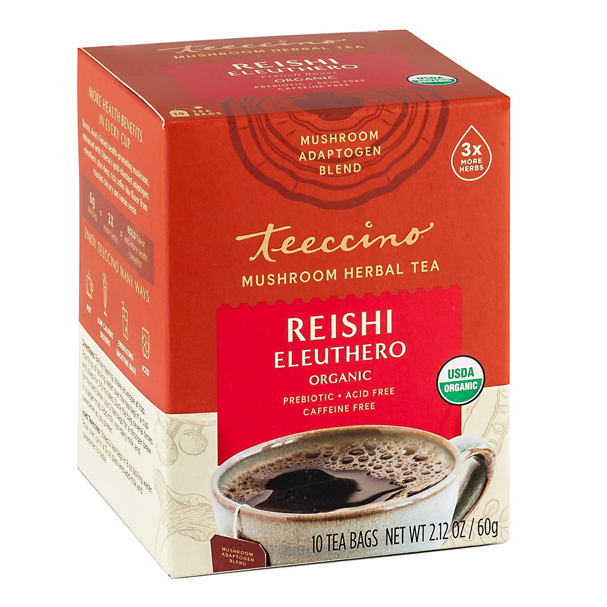 Teeccino Reishi Eleuthero Herbal Tea - Organic, Caffeine Free, 10 Tea Bags, French Roast