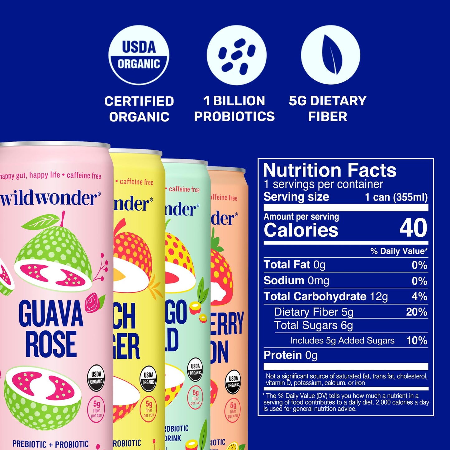 Wildwonder Sparkling Probiotic Drink, Classic Variety Pack, 12 Fl Oz (Pack of 12), Organic, Vegan, Low Sugar