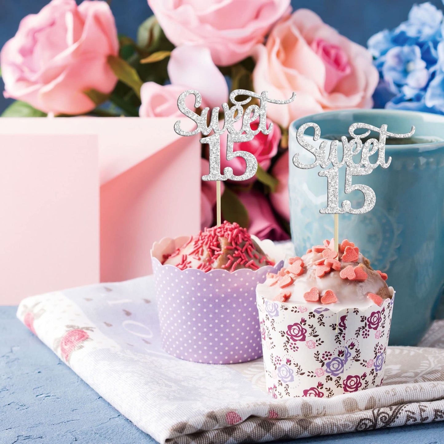 Gyufise 24Pcs Sweet 15 Cupcake Toppers Silver Glitter Fifteen 15Th Birthday Cupcake Picks Age 15 15Th Birthday Anniversary Party