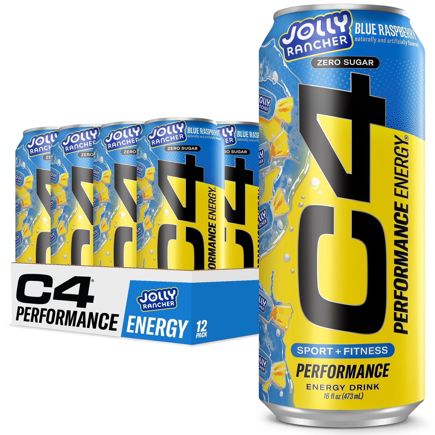 Cellucor C4 Energy Drink, Jolly Rancher Blue Raspberry, Zero Sugar, 200mg Caffeine, 16 Fl Oz (Pack of 12)