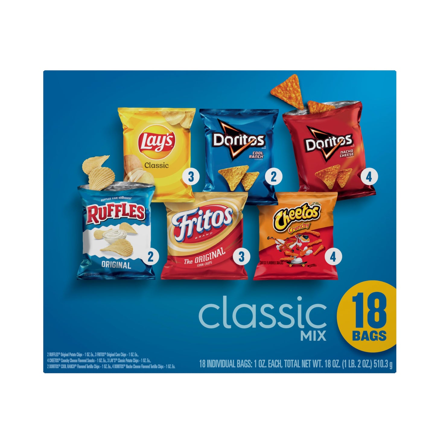 Frito-Lay Snacks Classic Mix Chips Variety Pack, Doritos, Lays Ruffles, Cheetos, Fritos, 18 Count(Pack of 1) (Assortment May Va