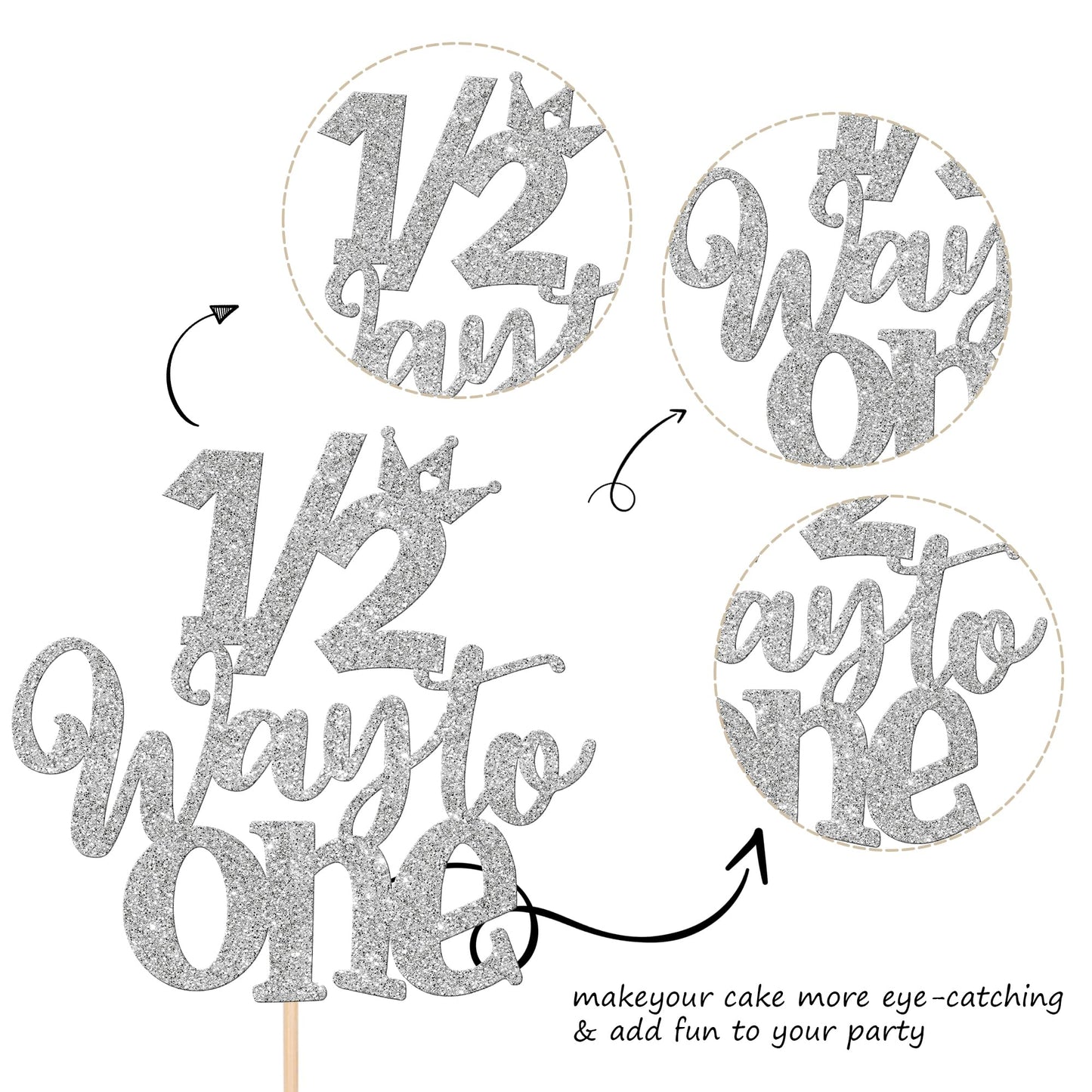 ZHUOWEISM Cake Topper Glitter Half Way to Go Decoration for 6 Months Birthday, Silver, Paper