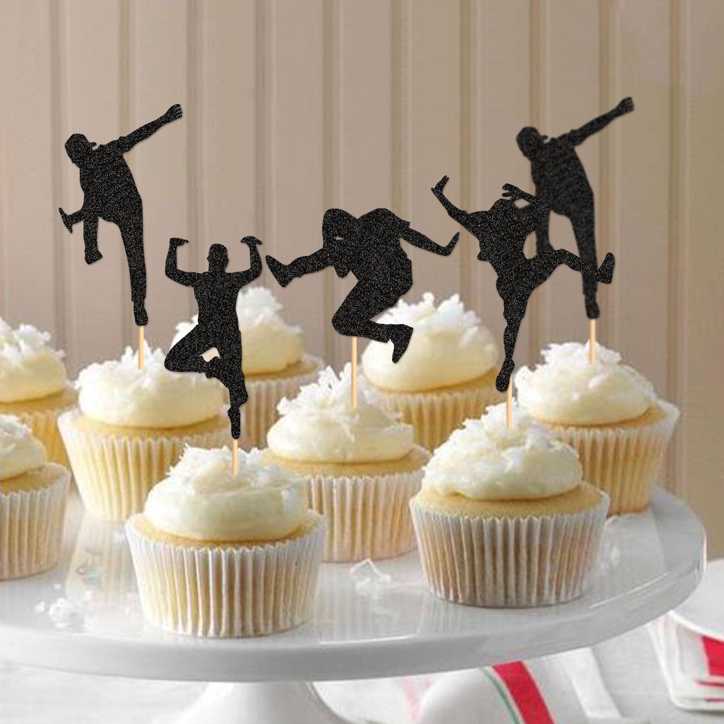 Ercadio Jazz Dancers Cupcake Toppers - 30 Pack, Black Glitter, Cardstock, Model 005, Music Theme Party Decorations
