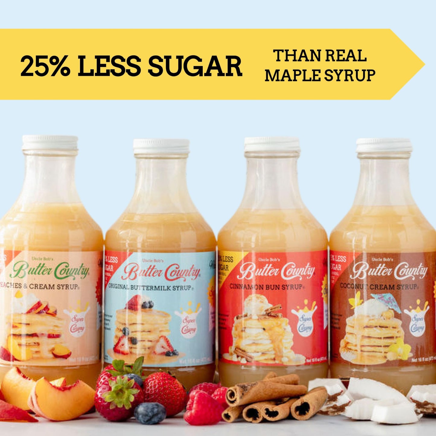 Uncle Bobs Butter Country Rich and Creamy Buttermilk Syrup Variety Pack, 4 Bottles x 16 Fl Oz - Original, Cinnamon Bun, Coconut Cream, Peaches