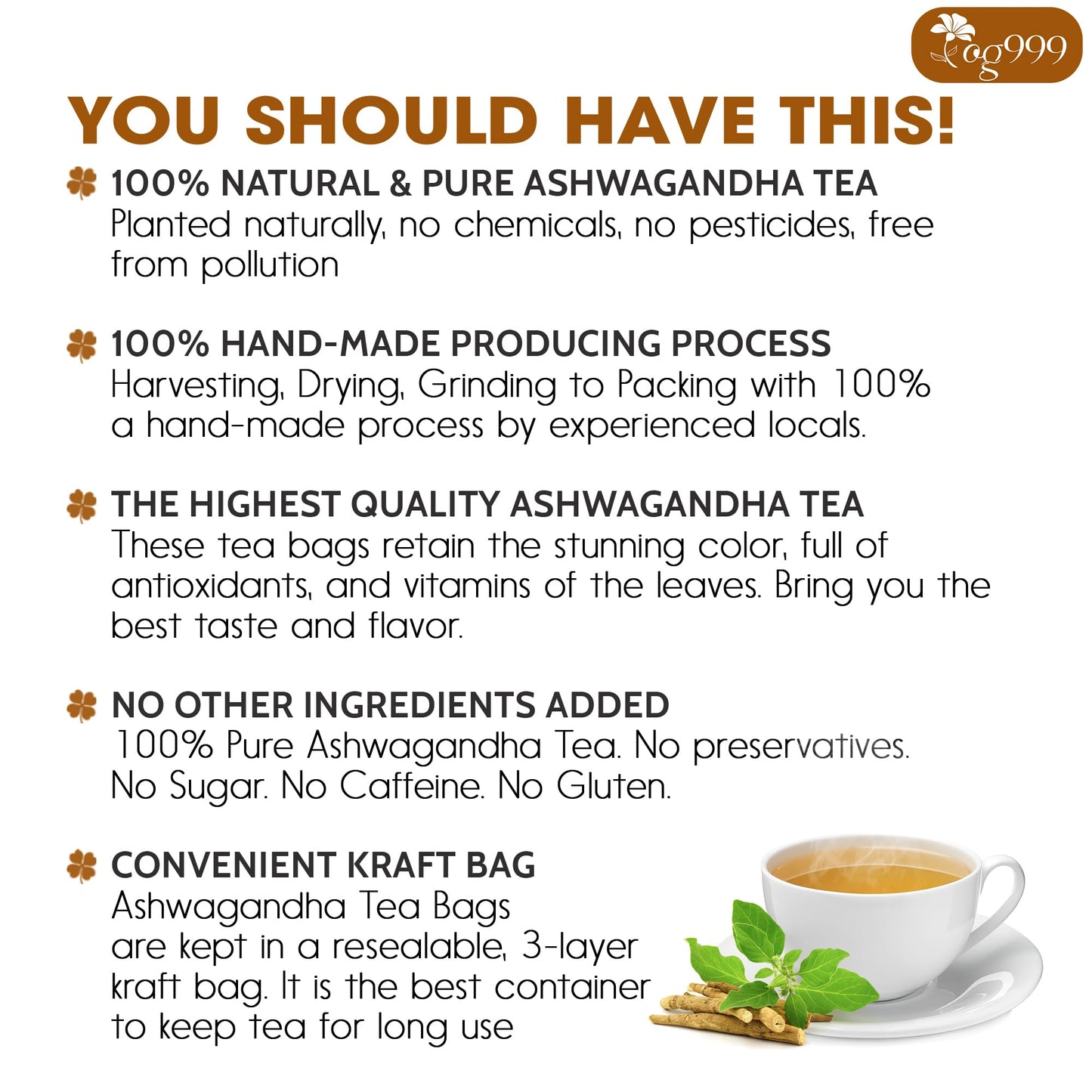 TOG999  enhanced 60 Ashwagandha Root Tea Bags  100% Natural & Pure  Ashwagandha Root Herbal Tea. No Sugar  No Caffeine  No Gluten  Vegan.