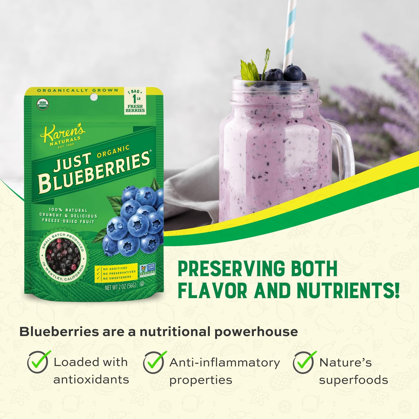 Karens Naturals Organic Freeze-Dried Blueberries, 2oz, Pack of 6 - Crunchy, Flavor Packed Freeze Dried Fruit Snack, Organic Blu