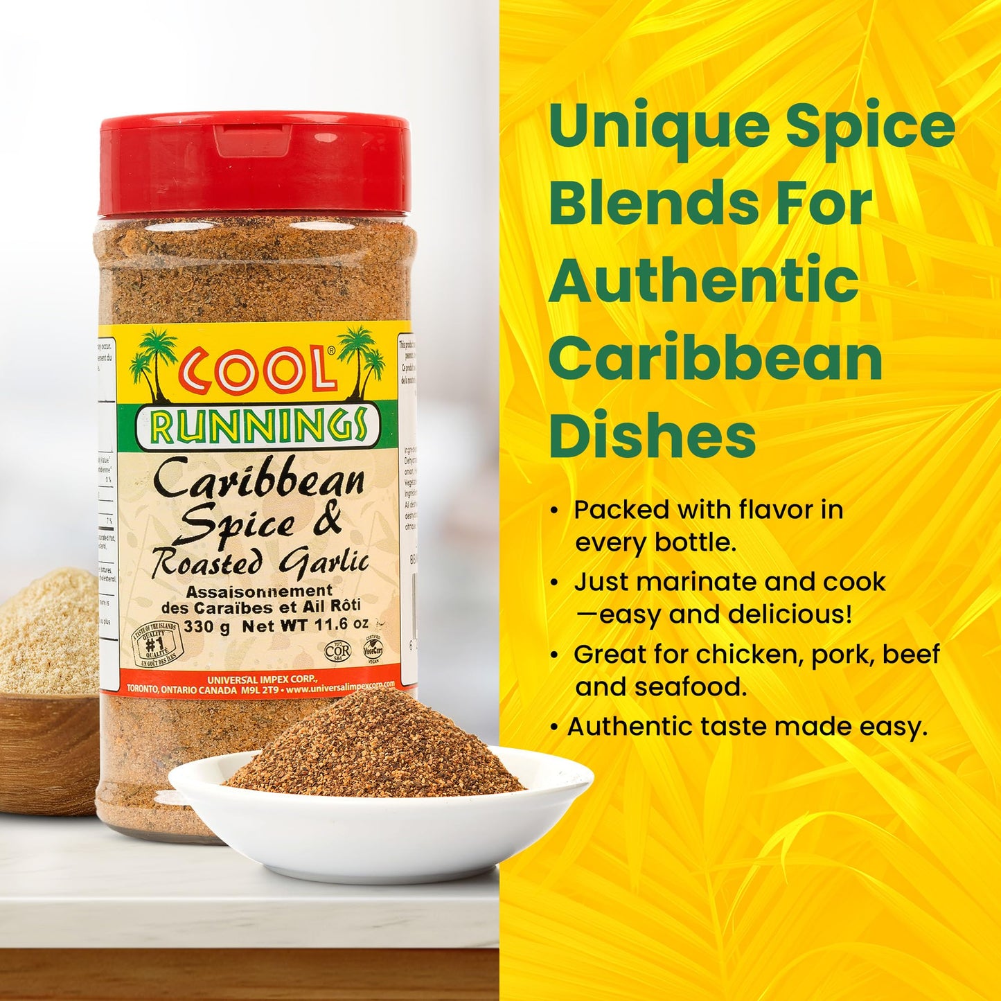 Cool Runnings USA Caribbean Spice & Roasted Garlic 330g - Used for Grilling, Roasting, and Marinating Meats, Seafood, and Vegeta