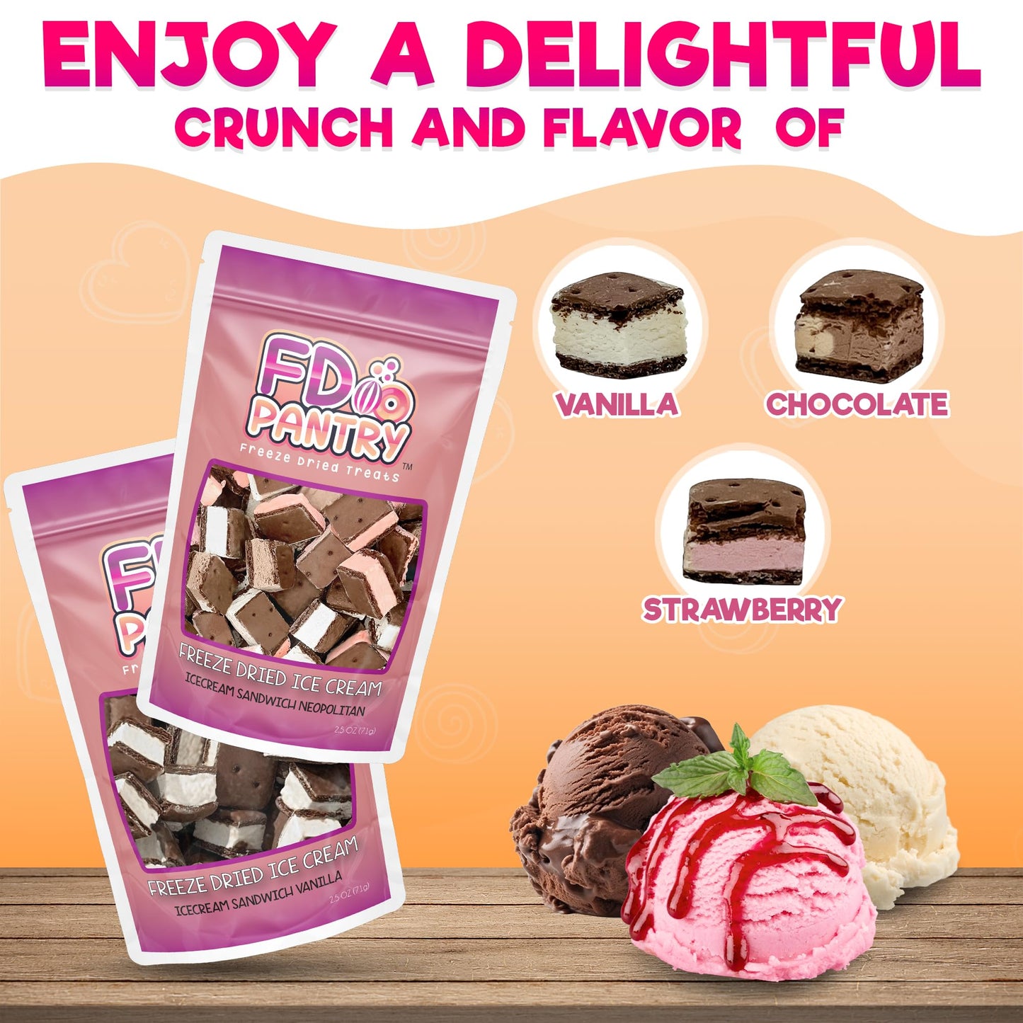 Freeze Dried Icecream Sandwich Bites, Neapolitan & Vanilla 2.5oz (2 pack) - Crunchy & Sweet Freeze Dried Dessert Snack, Dehydrat