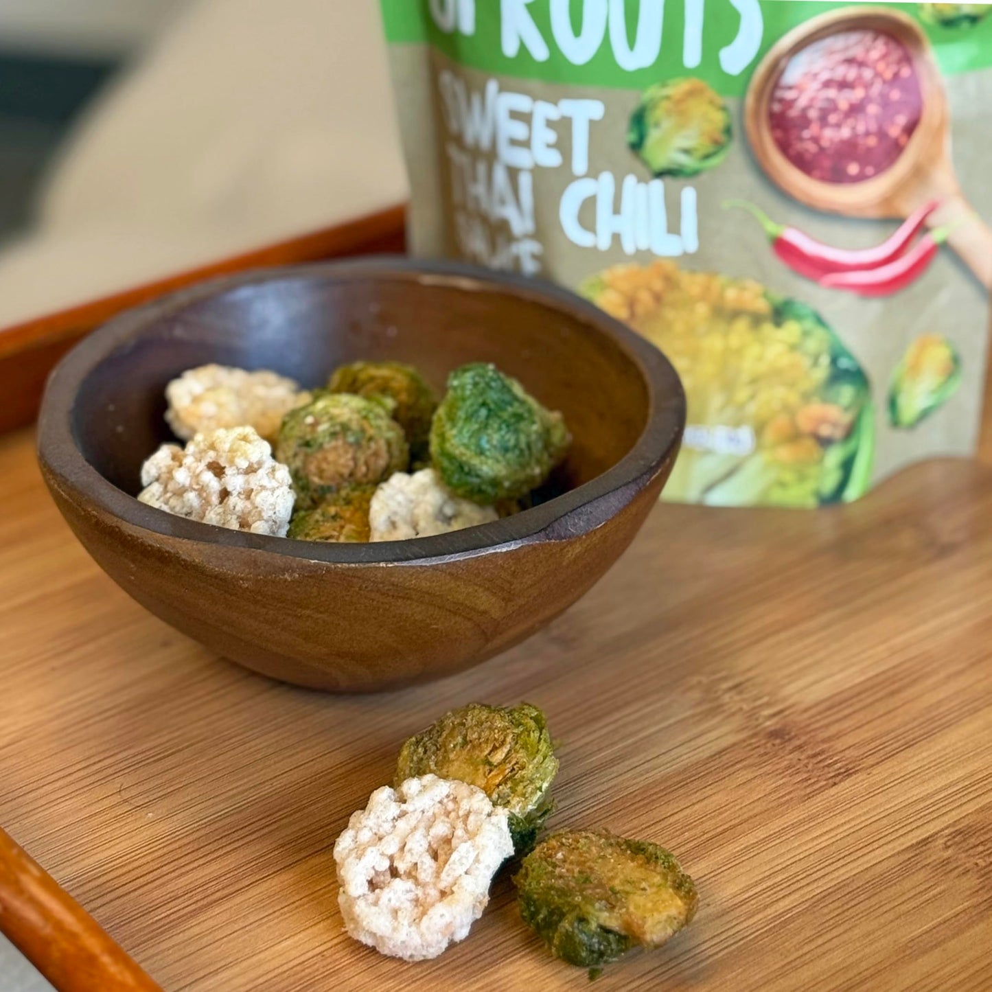 Woodridge Snacks | Vacuum Fried Brussels Sprouts With Sticky Rice Chips | Thai Chili Sauce Flavor | 6 Pack | 1.06 Oz (30G) Bags