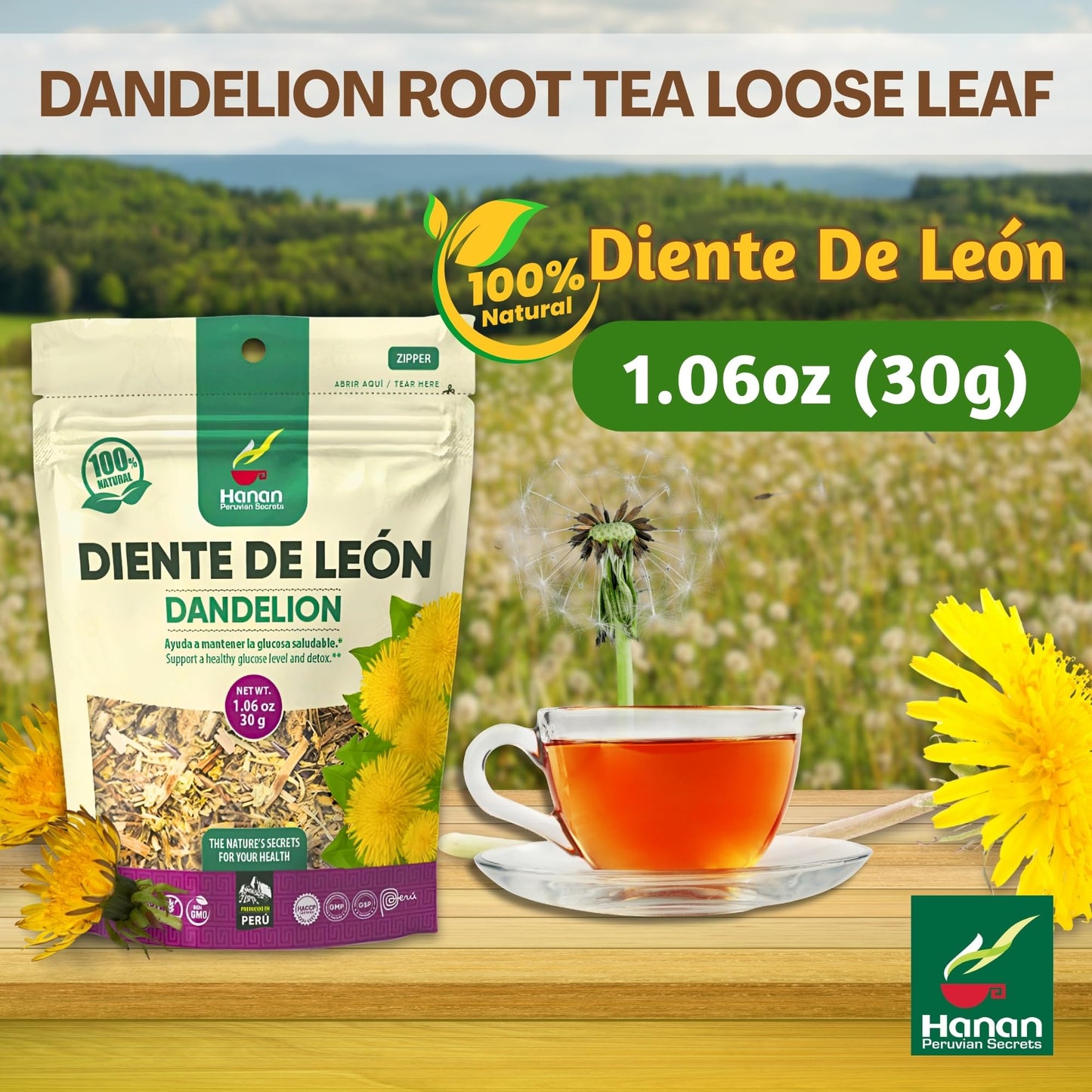 Hanan Dandelion Loose Leaf Herbal Tea - 1.1 oz (30 g) Dandelion Leaves from Peru