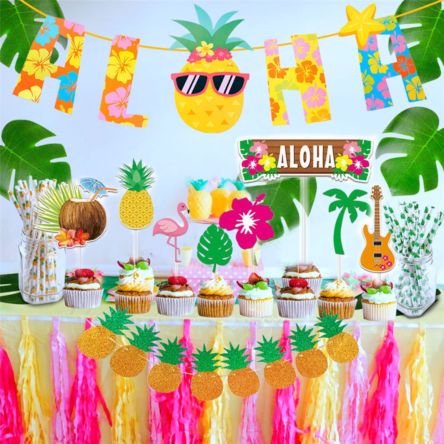 Morofme 24Pcs Tropical Cupcake Decoration, Hawaiian Luau Aloha Cupcake Toppers Cake Picks With Flamingo Pineapple Palm Leaves Hi
