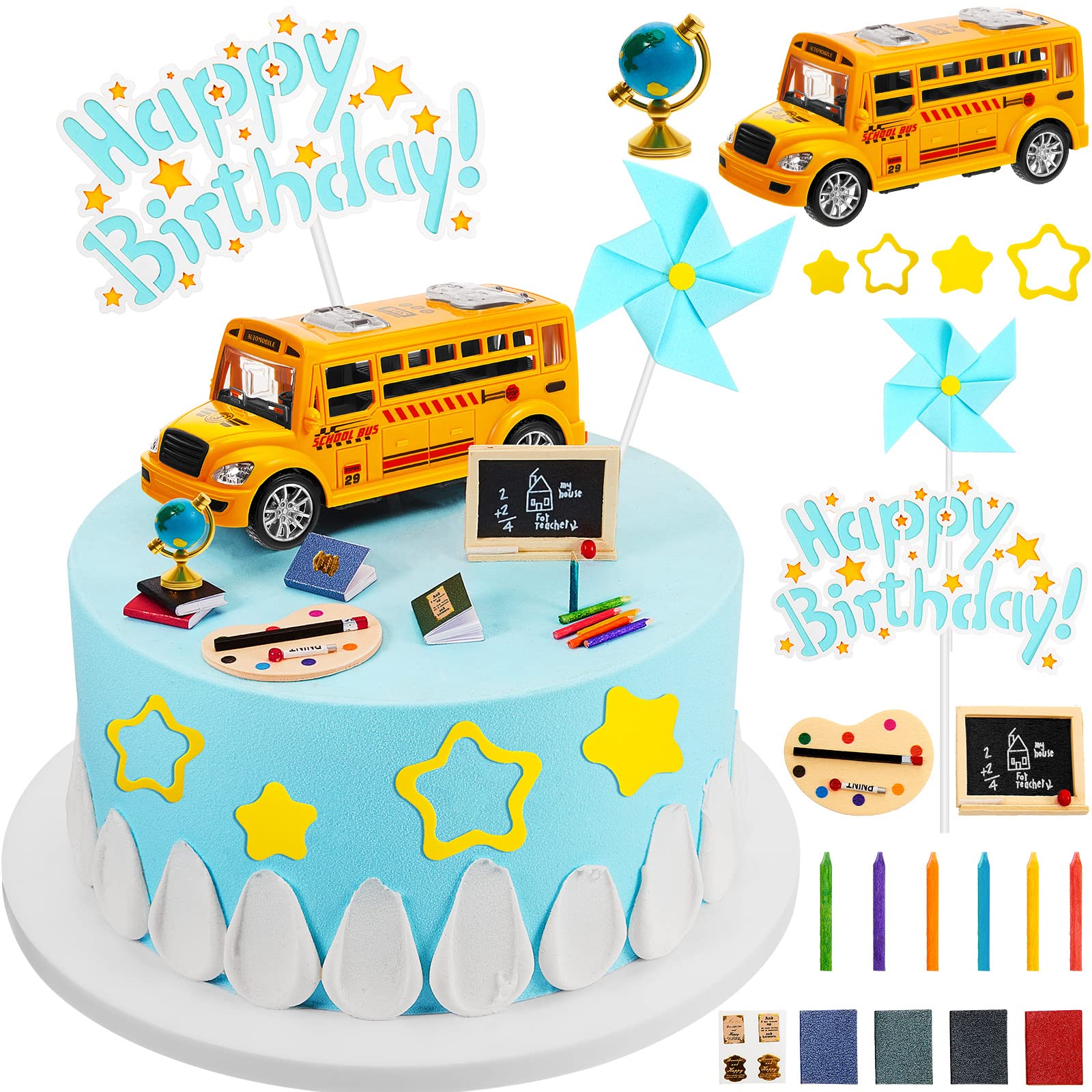 School Bus Cake Topper Back To School Star Pen Blackboard Book Blue Windmill Cake Toppers Happy Birthday Theme Cake Decor