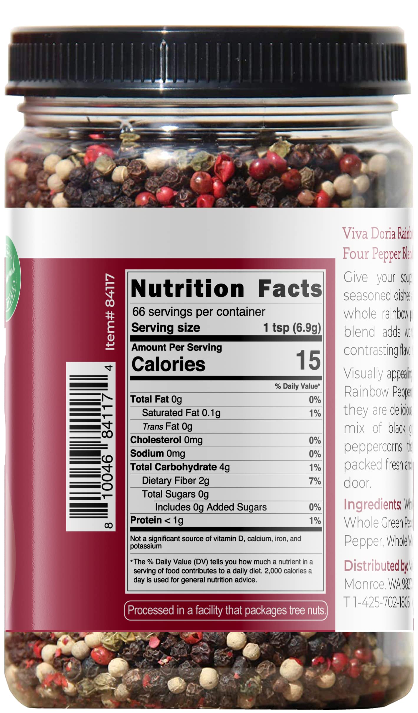 Viva Doria Rainbow Blend Peppercorn, Steam Sterilized Whole Black/Green Pepper, Whole Pink/White Pepper, 16 Oz, For Grinder Refills