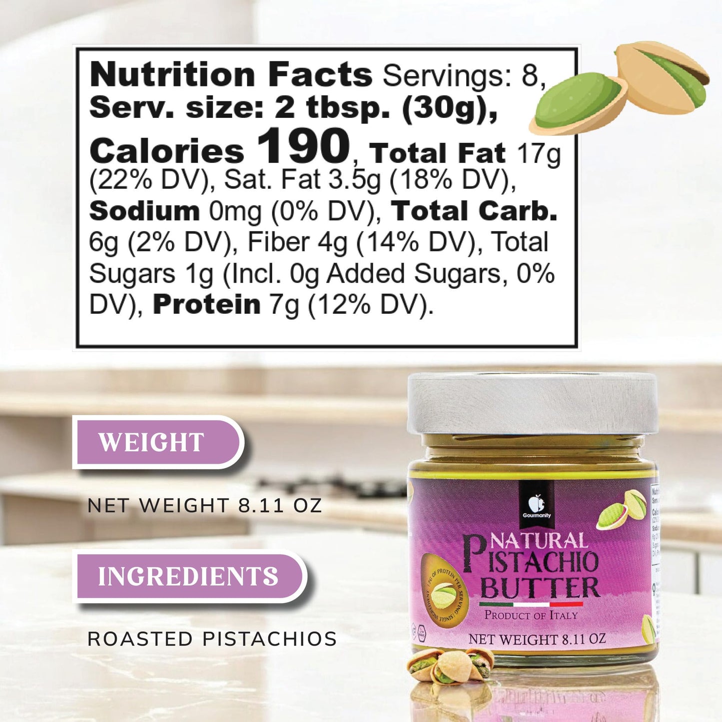 Gourmanity Pure Italian Pistachio Butter Spread, 100% Nut Deliciousness, Gourmet Pistachio Paste For Sweet And Savory Dishes, Gf