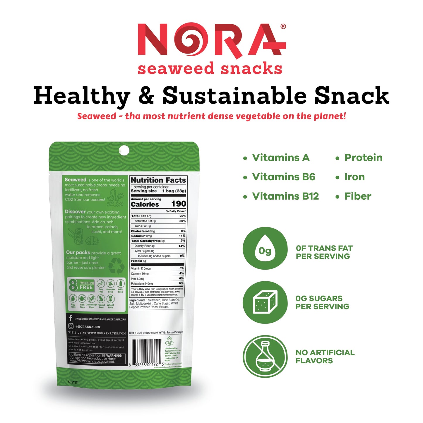 NORA Original Crispy Sea  Snacks | Vegan, Gluten-Free, Non-GMO | 6-Pack, 1.13 Ounce