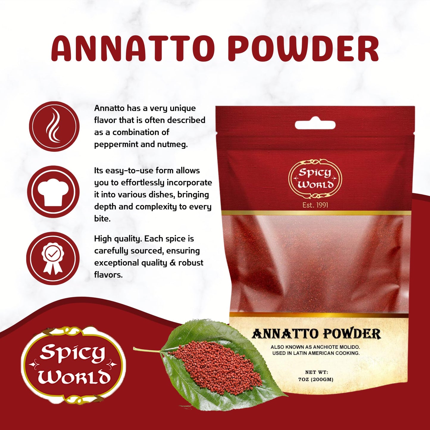 Spicy World Annatto Powder 7 Oz Bag - Premium Ground Annatto Seed And Achiote Powder For Vibrant Dishes - Latin American Flavors