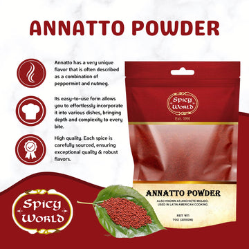 Spicy World Annatto Powder 7 Oz Bag - Premium Ground Annatto Seed And Achiote Powder For Vibrant Dishes - Latin American Flavors