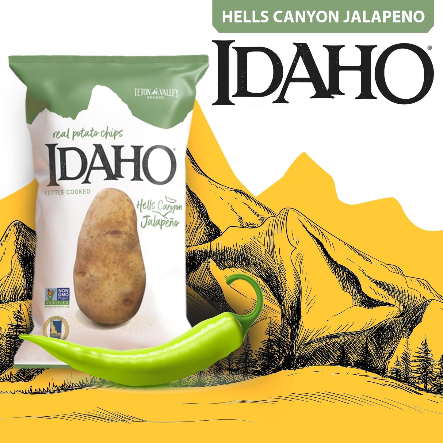 Teton Valley Brands Kettle Cooked Jalapeno Potato Chips - Non-GMO - 7 Oz (Pack of 6)