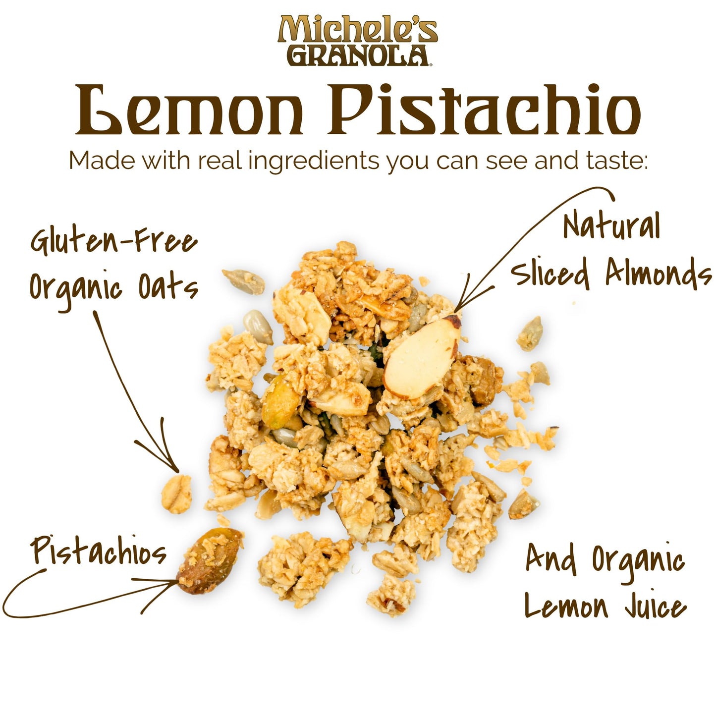 Micheles Granola - Lemon Pistachio - Handmade Non-GMO Whole Grain Oats - Free of Gluten, Soy, Wheat, & Dairy