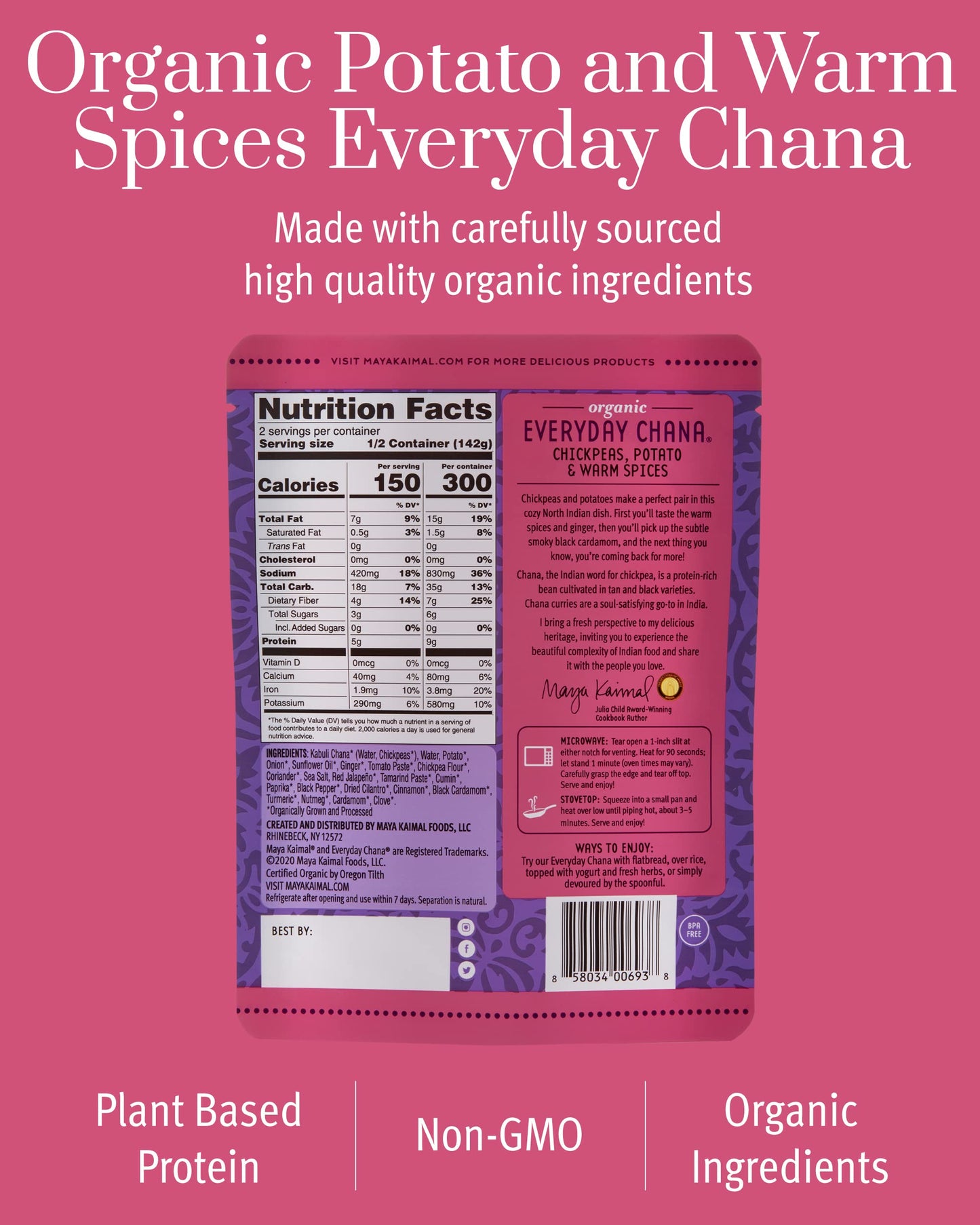 Maya Kaimal Foods - Organic Indian Everyday Chana - 10Oz - Fully Cooked Chickpeas, Potato & Warm Spices - Vegan - Microwavable -