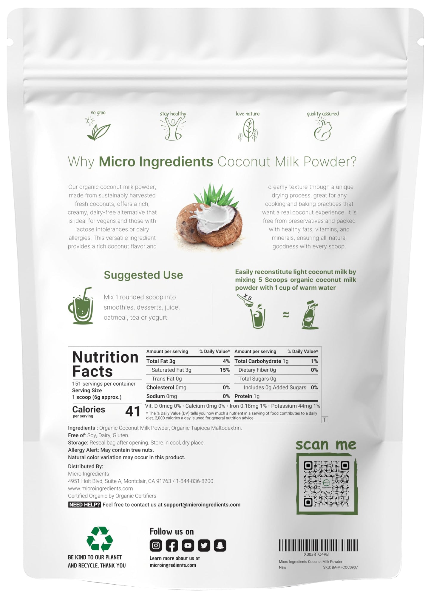 Micro Ingredients Organic Coconut Milk Powder, 2 Pound (32 Ounce), Plant-Based Creamer, Perfect for Coffee, Tea and Smoothie, No