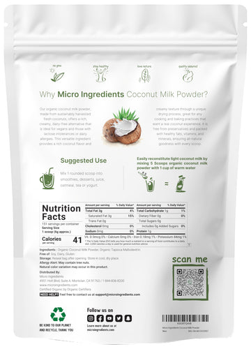Micro Ingredients Organic Coconut Milk Powder, 2 Pound (32 Ounce), Plant-Based Creamer, Perfect for Coffee, Tea and Smoothie, No
